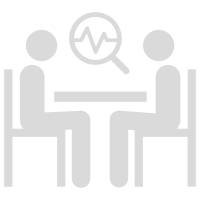 Icon of two people sitting at a table with a magnifying glass between them.