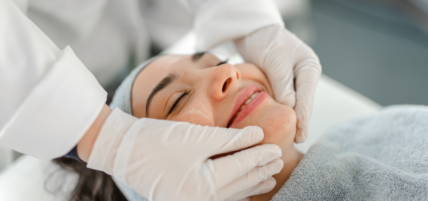 a photo of a happy woman receiving a facial beauty treatment
