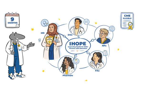 A cartoon illustration depicting a anteater in a doctor's coat next to various healthcare professionals, centered around "IHOPE," a program for improving health in older adults. Key features include an MD holding a trophy, a calendar showing "9 MONTHS," and a "CME ELIGIBLE" document.