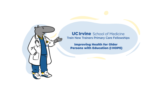 A cartoon anteater in a lab coat and scrubs gestures to the right, next to a blue banner with text about UC Irvine's School of Medicine and health education for older persons.