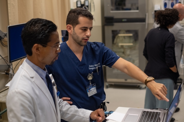 One-on-one apprenticeship model - Residents discussing with faculty on computer