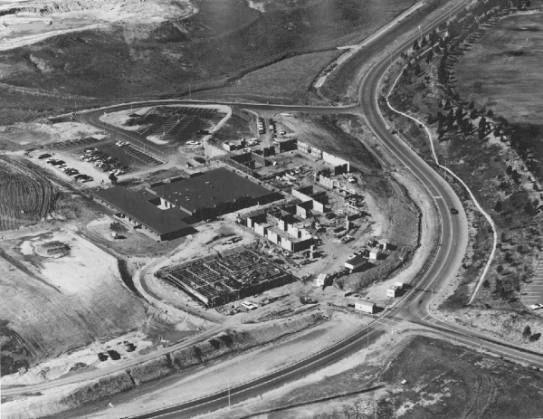 Close-up view of UCI-California College of Medicine Surge I and II in winter of 1969. Intersection of California Avenue and Bridge Road, lower right.