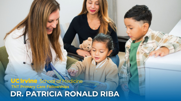 A Dr. Patricia Riba shows a book to two children, with another adult holding a teddy bear in the background.