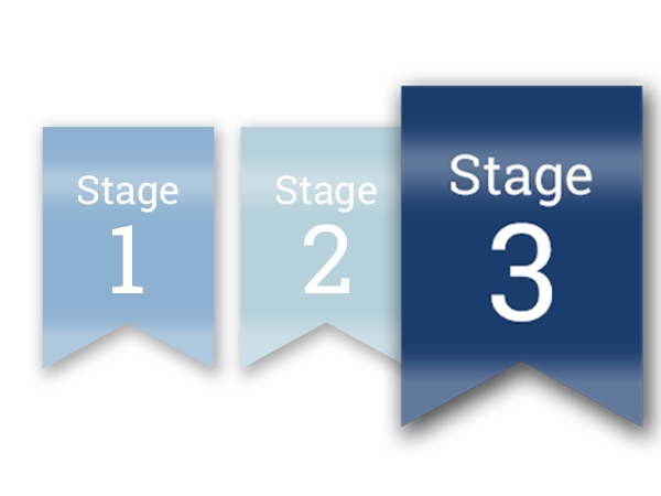 3 flags labelled with stage 1, stage 2, and stage 3. Stage 3 flag is emphasized by large size.  This is only decorative.