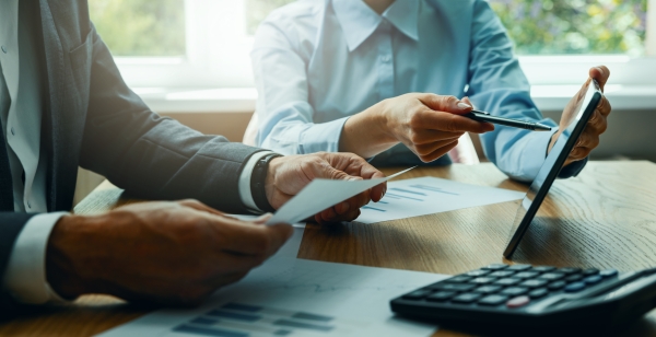 consulting services. businessperson and business consultant working in office. company financial statement analysis