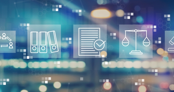 White compliance icons with blurred abstract lights background