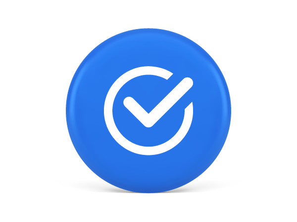 A 3D rendering of a bright blue circle with a white checkmark icon inside a white circle.