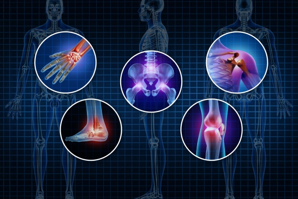 Painful joints human anatomy concept with the body as a group of circular panels of sore areas as a pain and injury or arthritis illness symbol for health care and medical symptoms due to aging or sports and work injury.