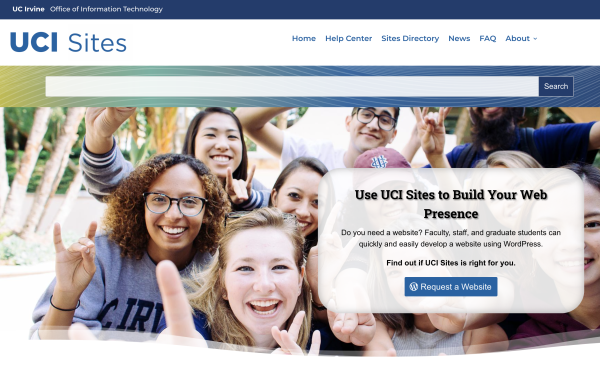Screenshot of the UCI Sites homepage.