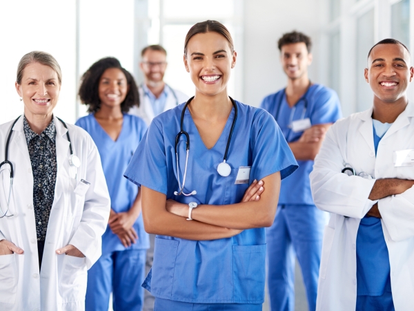 Portrait of a diverse team of doctors standing together in a hospital