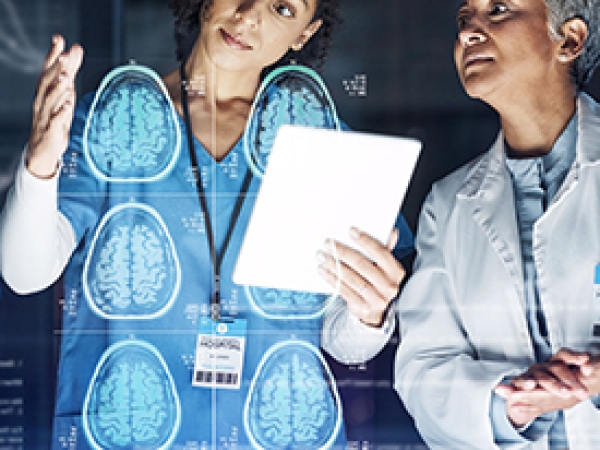 Two doctors discuss a patient's brain scans