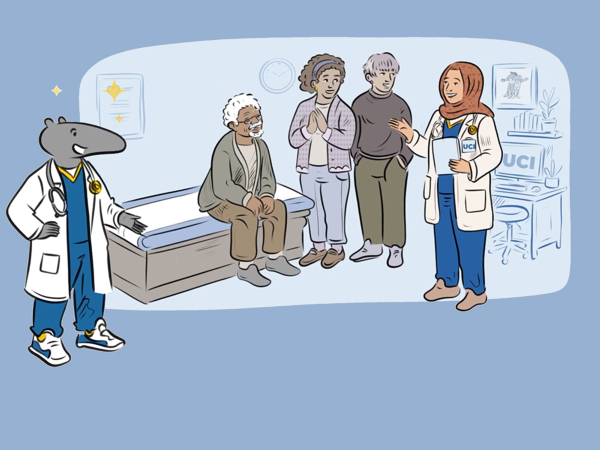 Cartoon image of an anteater doctor gesturing towards a diverse group of four people in a healthcare setting, with elements like a medical examination table and a "UCI" sign in the background.