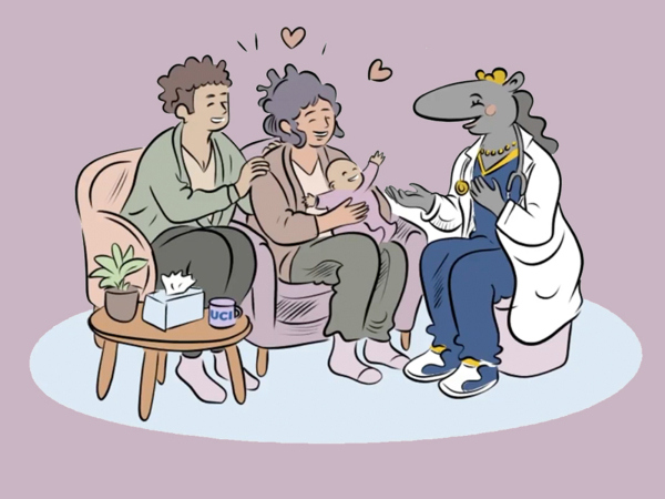 A young family interacts with a friendly healthcare professional in a cozy setting. The mother cradles a baby while a supportive partner leans in, and the professional, depicted as an anthropomorphic anteater, gestures warmly to them.