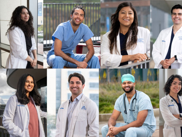 Collage of eight medical education students in their scrubs and white coats as they await Match Day 2026.