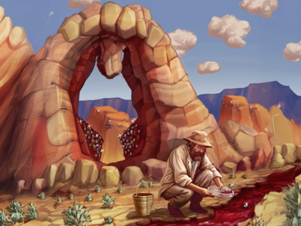 Illustration of a man in the desert panning for gold at a river that resembles the flow of blood. In the background, many gems and gold glitter in a stylized rock formation that look like tonsils.