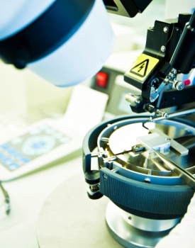 High Resolution Optical Microscope In The Laboratory | Preparing A Specimen Holder And Probe Pins Of A Microscope In The Laboratory / Cleanroom stock photo