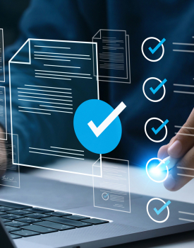 Business performance checklist, Businessman using laptop online survey filling out check digital form task, business performance monitoring and evaluation. online survey question form. online exam.