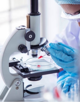 Researcher looking through a microscope with particle on a petri dish