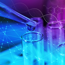 pipette with vial, DNA, and molecule graphics
