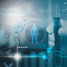 Futuristic laboratory with a scientist holding glass tube against a background of graphics emphasizing molecular and DNA structure, genetic research human biology and pharmaceutical technology