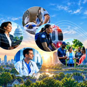 surise downtown skyline with collage of doctor-emergency room policy maker