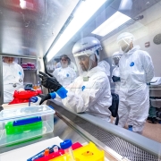 People in laboratory space in their protective suits. 