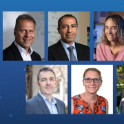 UC Irvine’s seven new AAAS Fellows shown against a blue background.