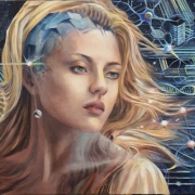 psychedelic art with blond young woman and helix and neurons in background 