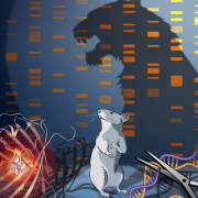 A drawing of mouse with the shadow of a tiger. The shadow appears on a background of DNA sequencing gels. A fluorescent protein on the right illuminates the way. Scissors on the right, cutting DNA strands, represent precision genome editing.
