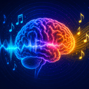 bright colorful brain image with music notes