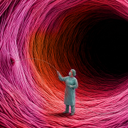 A miniaturized doctor dressed in surgical scrubs, a mask, and a cap, standing inside a giant blood vessel. The tunnel-like interior features deeply textured, ridged walls in vivid shades of red, pink, and magenta, spiraling inward toward a dark, hollow opening. The doctor is extending a long, thin medical instrument toward the inner wall.