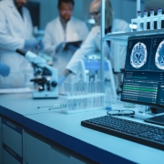Desktop computer with MRI brain image on screen in a medical research laboratory.
