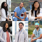 Collage of eight medical education students in their scrubs and white coats as they await Match Day 2026.