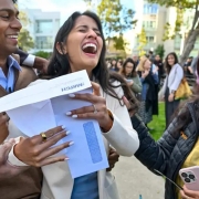 Nikita Shirsat, center, is overcome with emotion as she reads her Match Day letter and finds out she’s going to Stanford Health Care for her pediatrics residency during a Match Day ceremony on campus in Irvine, CA, on Friday, March 15, 2024. Photo by Jeff Gritchen, Orange County Register/SCNG