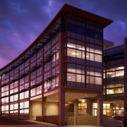 UCI's Medical Education Building at sunset.