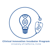 The image features a logo with a light bulb design at the center. Inside the bulb is a stylized DNA double helix. Extending from the bulb is a circular line that ends with a stethoscope design. The stethoscope's diaphragm is surrounded by gears. Beneath the circular design, there is text in blue.  Transcribed Text:  Clinical Innovation Incubator Program — University of California, Irvine