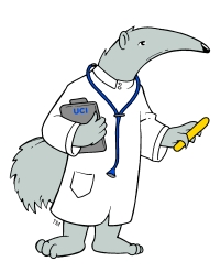 Cartoon image of UCI Mascot Peter the Anteater wearing a white coat and stethoscope and holding a clipboard and tongue depressor.