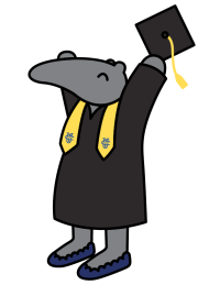 Cartoon drawing of anteater in graduation outfit with hands raised high showing happiness