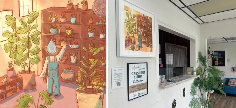 On the left is the artwork showing a person whose head is a water drop, with an arm reaching out to touch a plant on a bookshelf full of plants. Sunlight streams in through the window. On the right is a picture of the artwork hanging on the wall in the clinic’s entryway, next to the check-in desk.