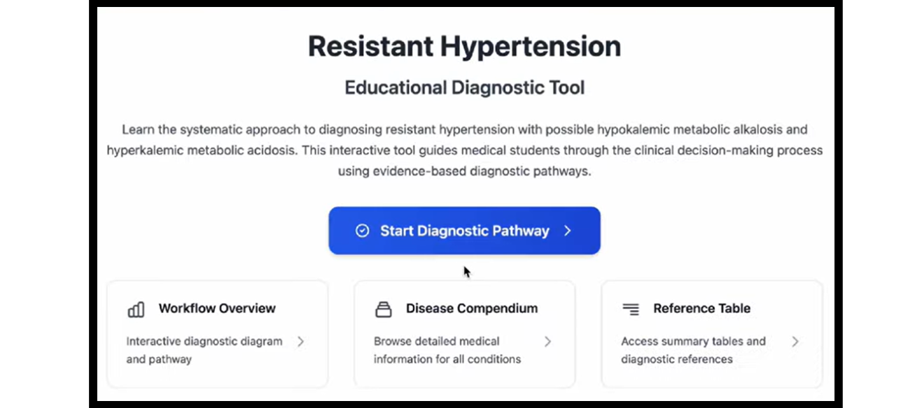 Screenshot of the educational diagnostic tool user interface, showing a central start button and three resource modules.