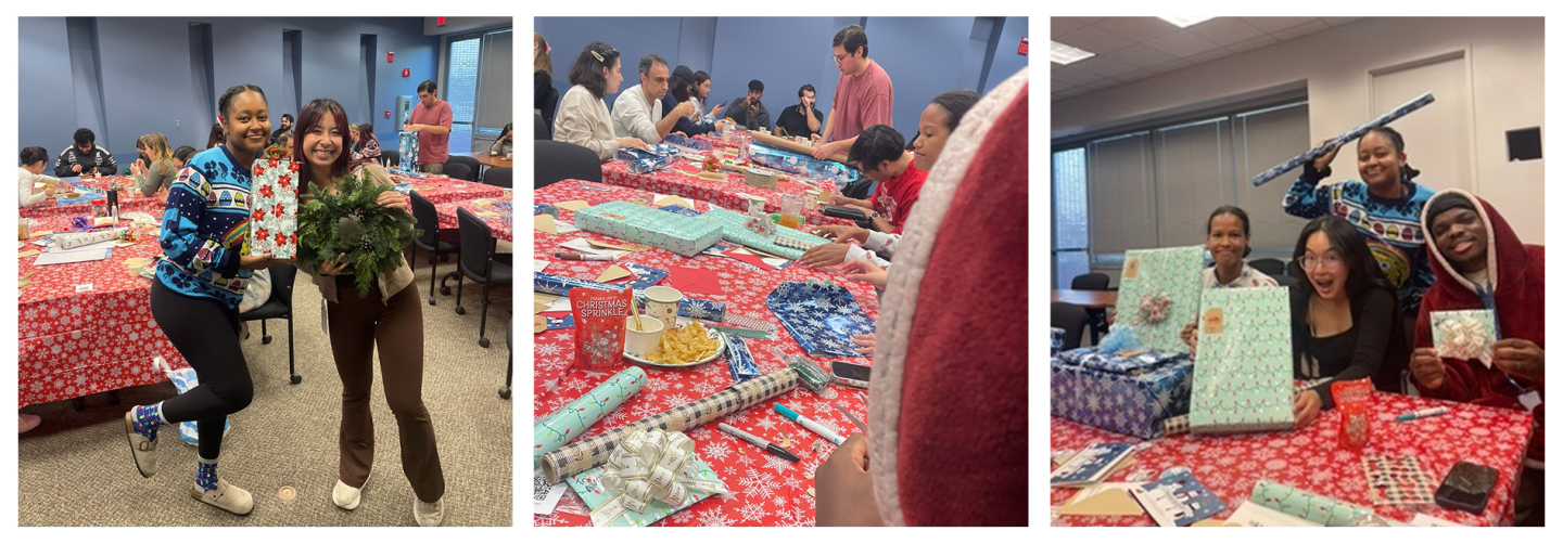Three photos of people at a holiday gift-wrapping event with festive decorations on tables.