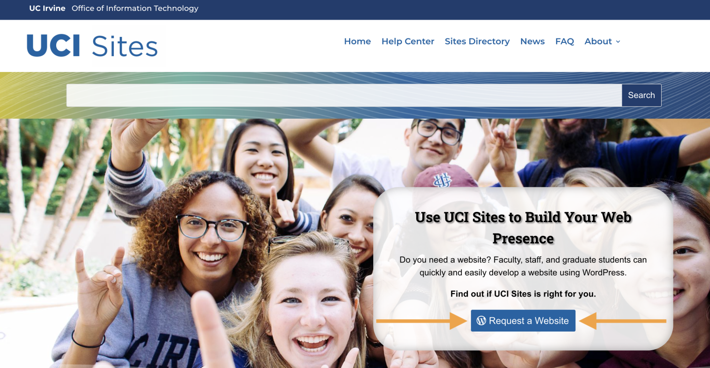 Screenshot of UCI Sites homepage showing the Request a Website button.