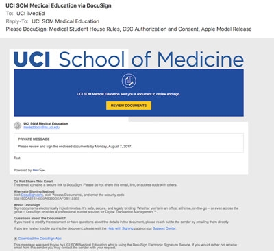 Screenshot of the UCI School of Medicine DocuSign email.