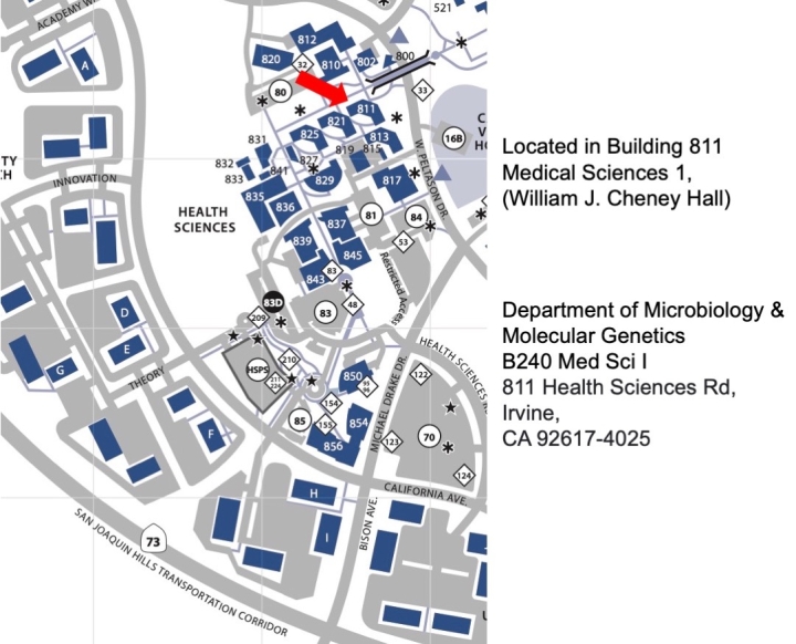Map showing location of building 811 where the Department of Microbiology & Molecular Genetics is located