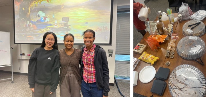 Photo collage of three people in a room with a cartoon backdrop and a table with assorted food and drinks.
