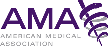 AMA: American Medical Association with medical symbol of a snake and rod to the right.