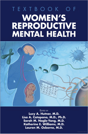 Cover of a textbook titled "Textbook of Women's Reproductive Mental Health," featuring a silhouette of a woman, a brain, and scientific illustrations related to reproduction and hormones against a blue background.